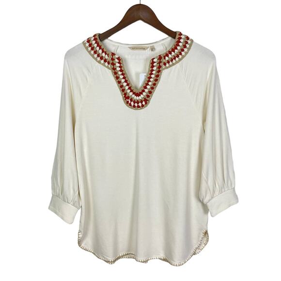 Soft Surroundings | NWT Sarita Top Cream Soft Knit Crochet Neckline 3/4 Sleeve - Picture 3 of 11